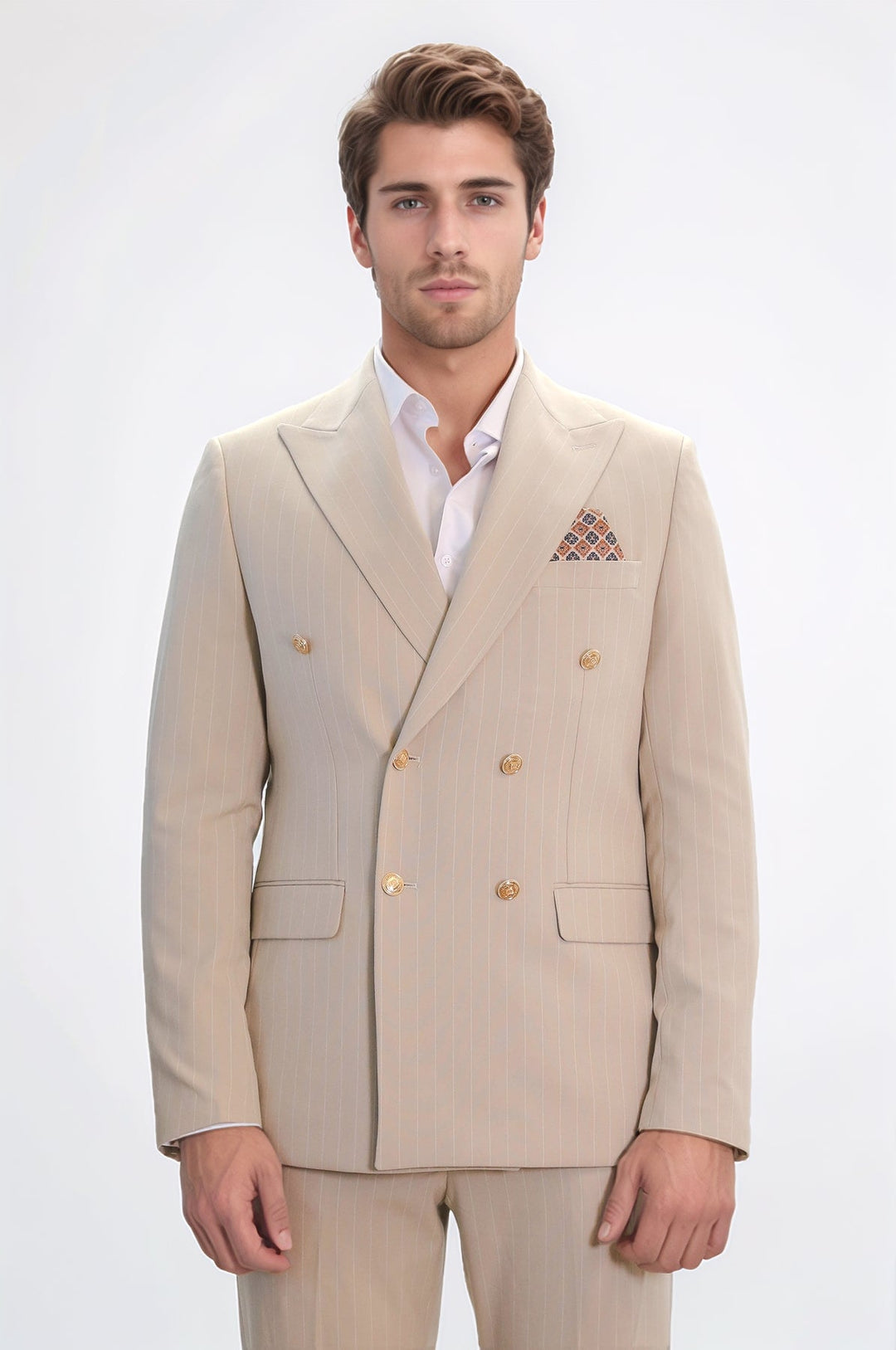 WSS Pinstripe Double Breasted Men’s Cream Suit with Silver Button Details  - Mixquiahuala de Juarez