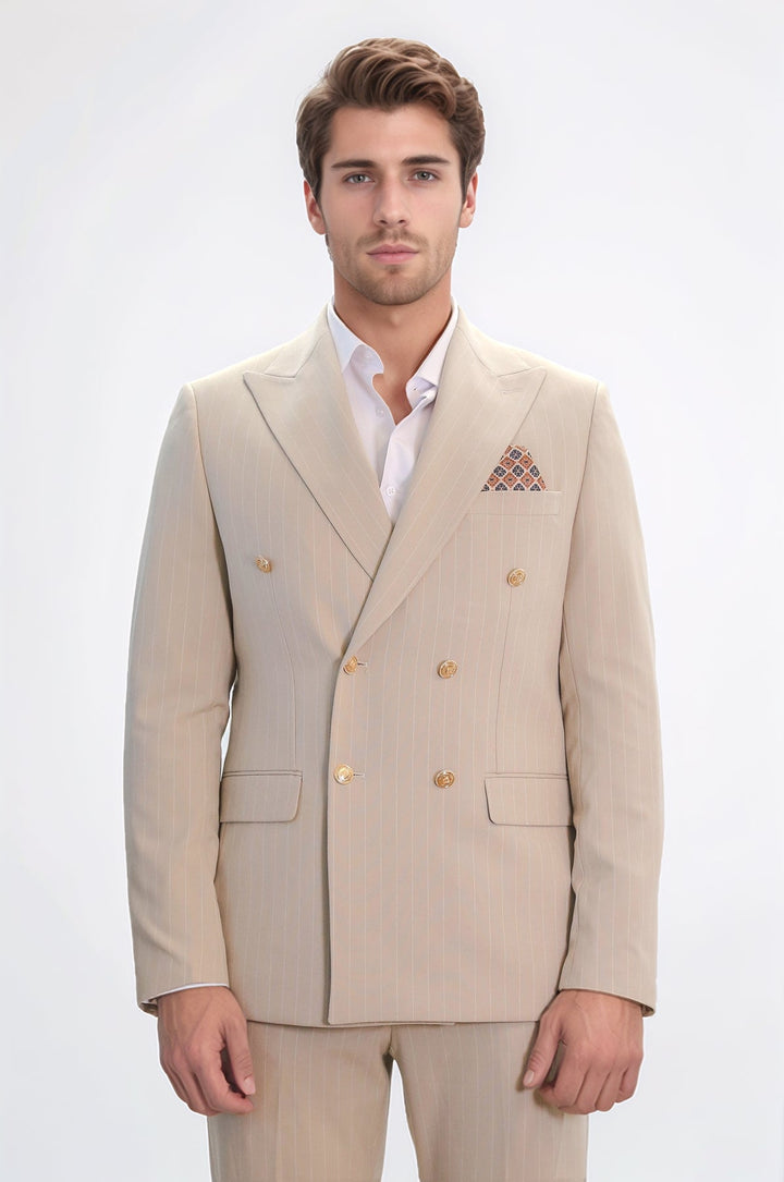WSS Pinstripe Double Breasted Men’s Cream Suit with Silver Button Details  - Mixquiahuala de Juarez