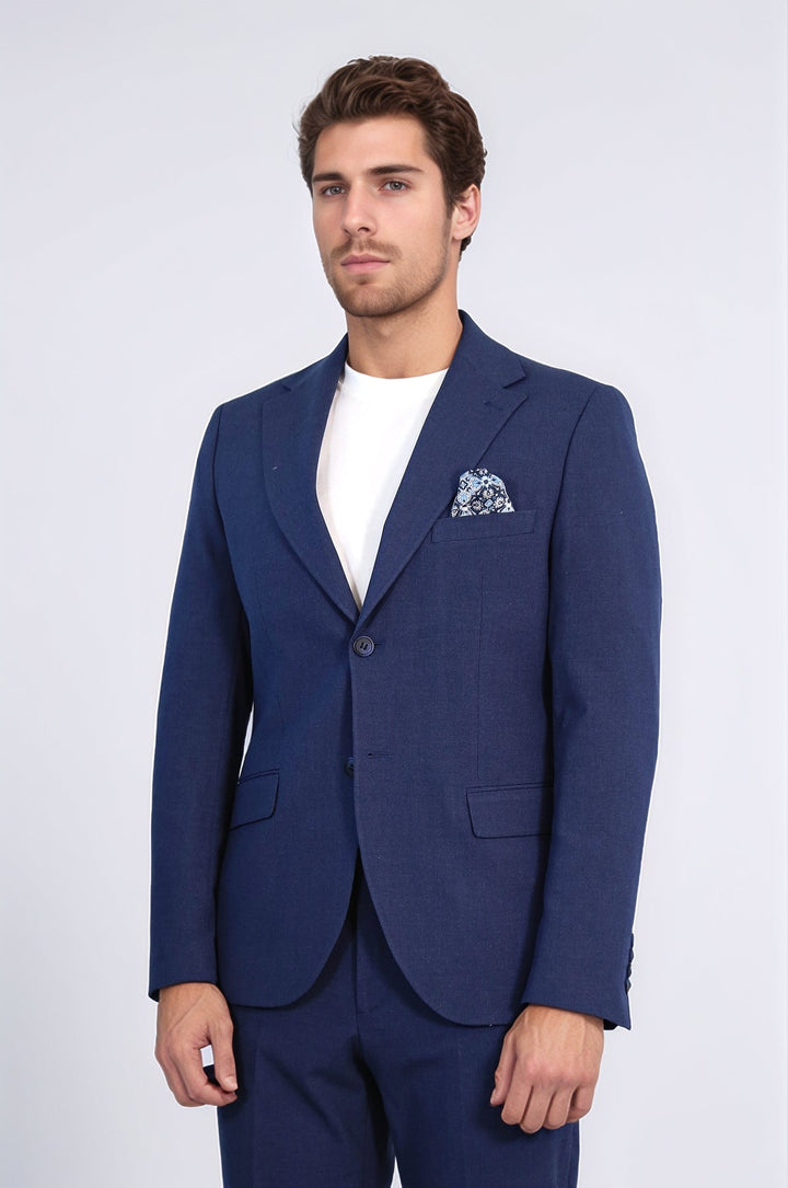 WSS Navy Blue Slim Fit Two-Button Linen Men’s Suit  - Delray Beach