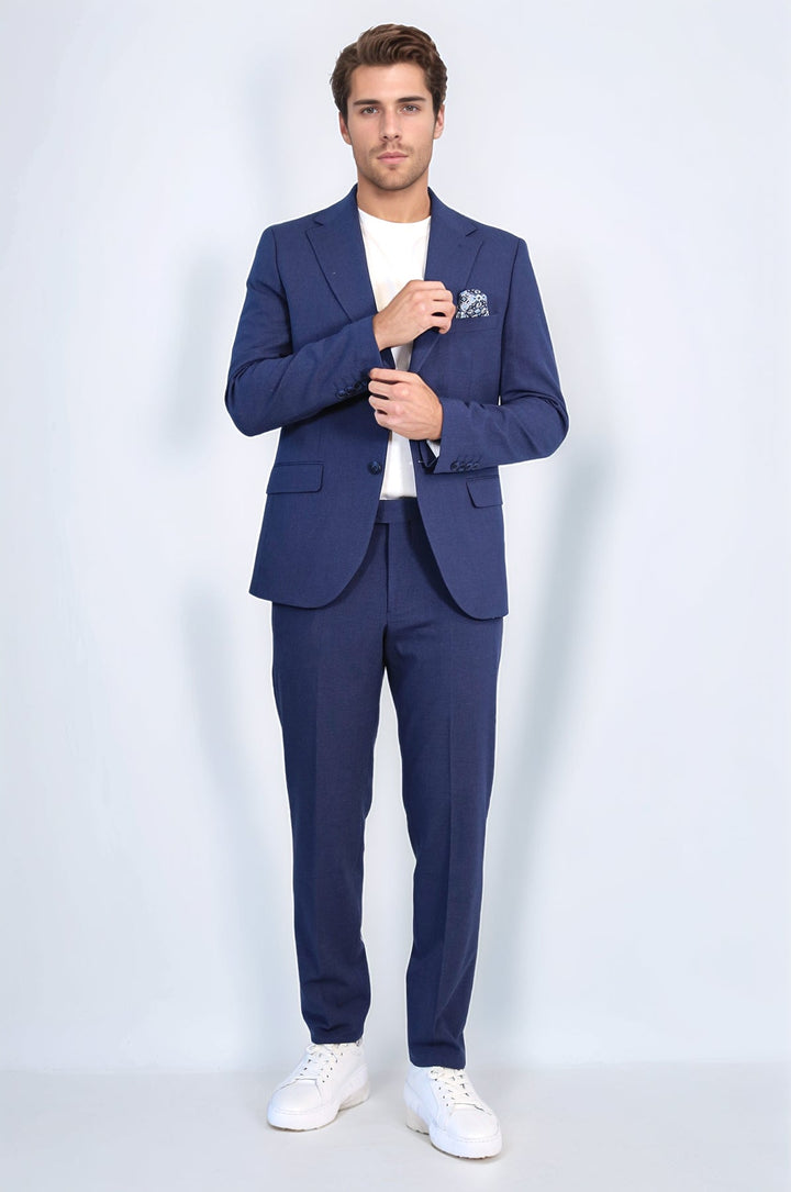 WSS Navy Blue Slim Fit Two-Button Linen Men’s Suit  - Delray Beach