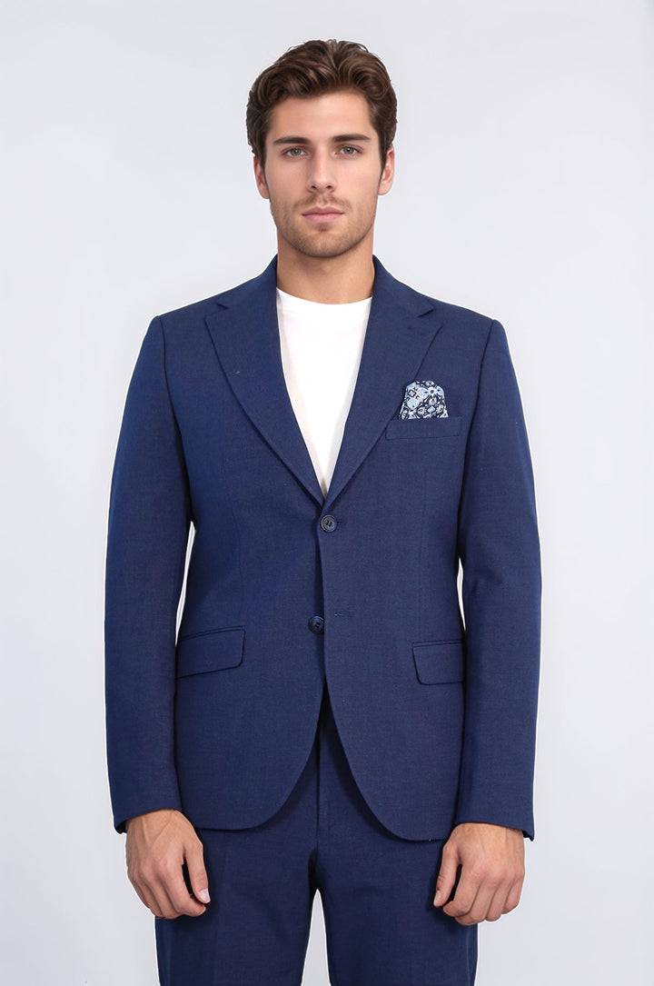 WSS Navy Blue Slim Fit Two-Button Linen Men’s Suit  - Delray Beach
