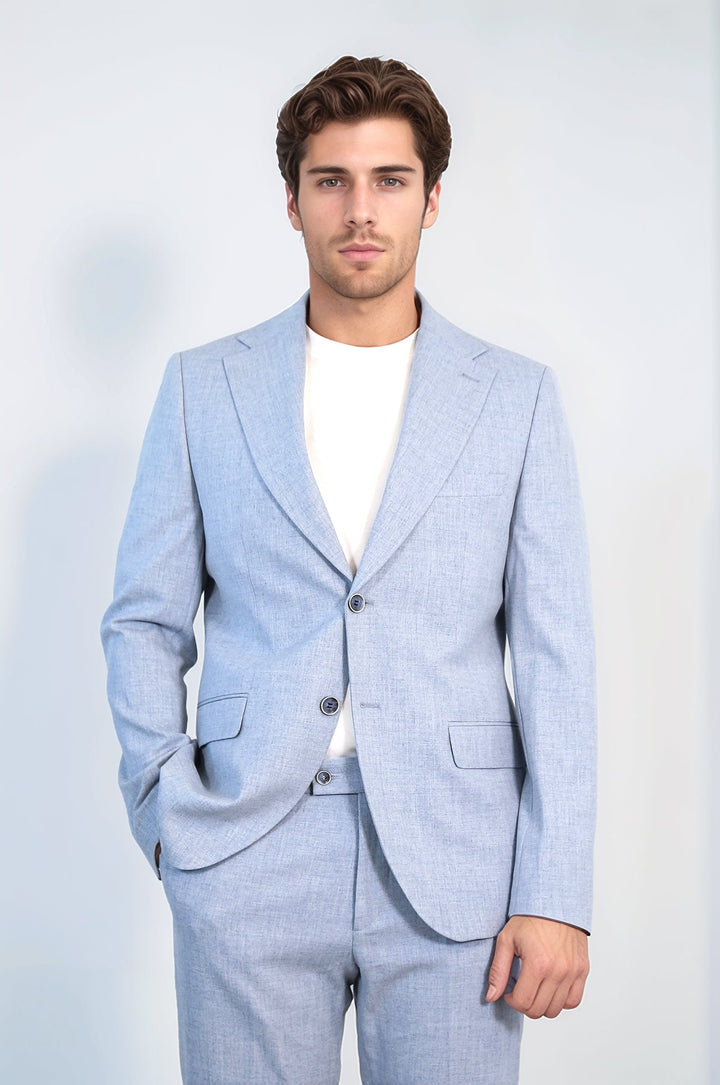WSS Ice Blue Slim Fit Two-Button Linen Men’s Suit  - Lochau