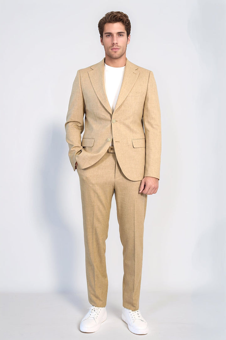 WSS Sand Beige Slim Fit Two-Button Linen Men’s Suit  - DeKalb