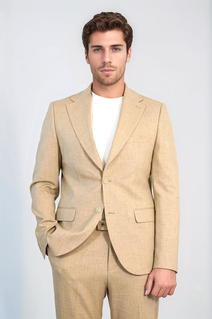 WSS Sand Beige Slim Fit Two-Button Linen Men’s Suit  - DeKalb