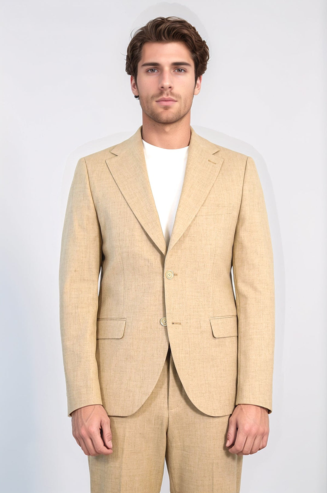 WSS Sand Beige Slim Fit Two-Button Linen Men’s Suit  - DeKalb