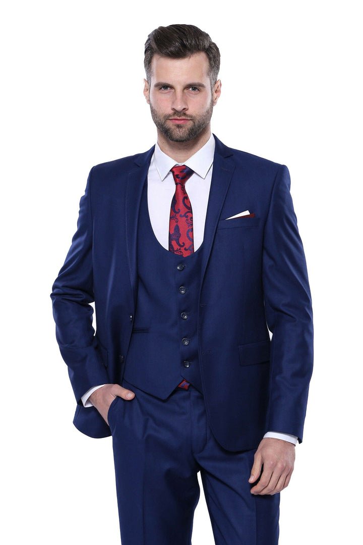 WSS Navy Blue Slim Fit Men's Suit with Vest  - El Monte