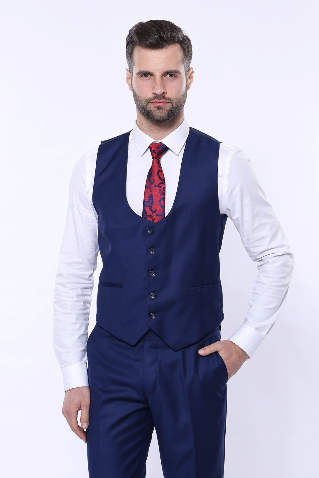 WSS Navy Blue Slim Fit Men's Suit with Vest  - El Monte