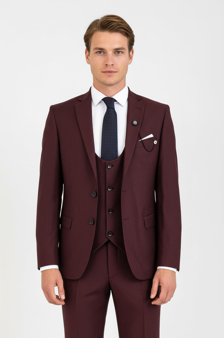 WSS Burgundy Slim Fit Men's Suit with Vest  - Nancy