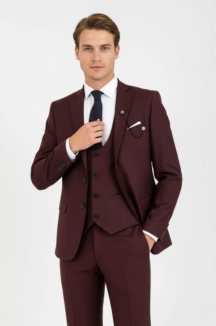 WSS Burgundy Slim Fit Men's Suit with Vest  - Nancy
