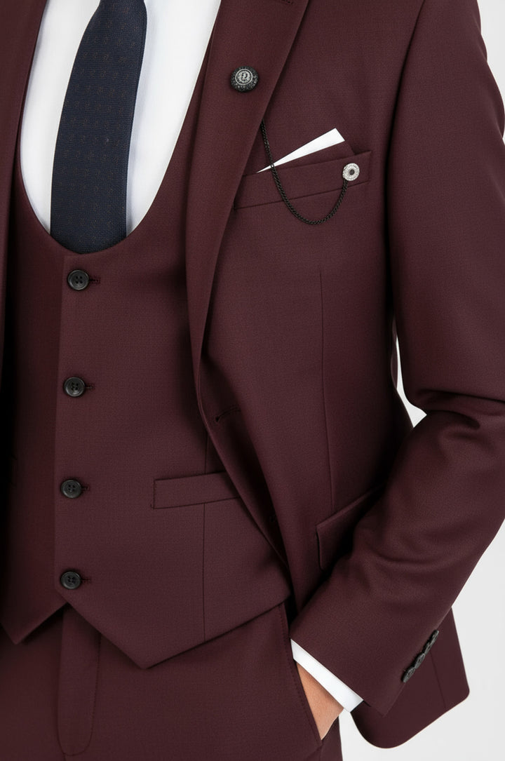 WSS Burgundy Slim Fit Men's Suit with Vest  - Nancy