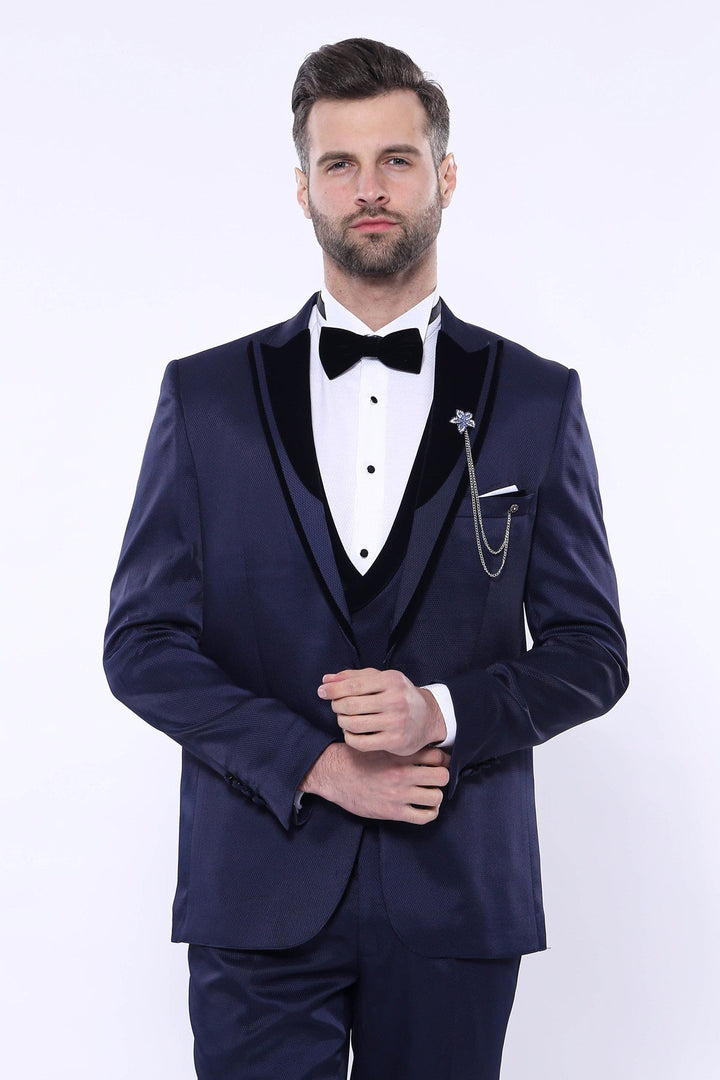 WSS Patterned Velvet Lapel Navy Tuxedo  - DeKalb