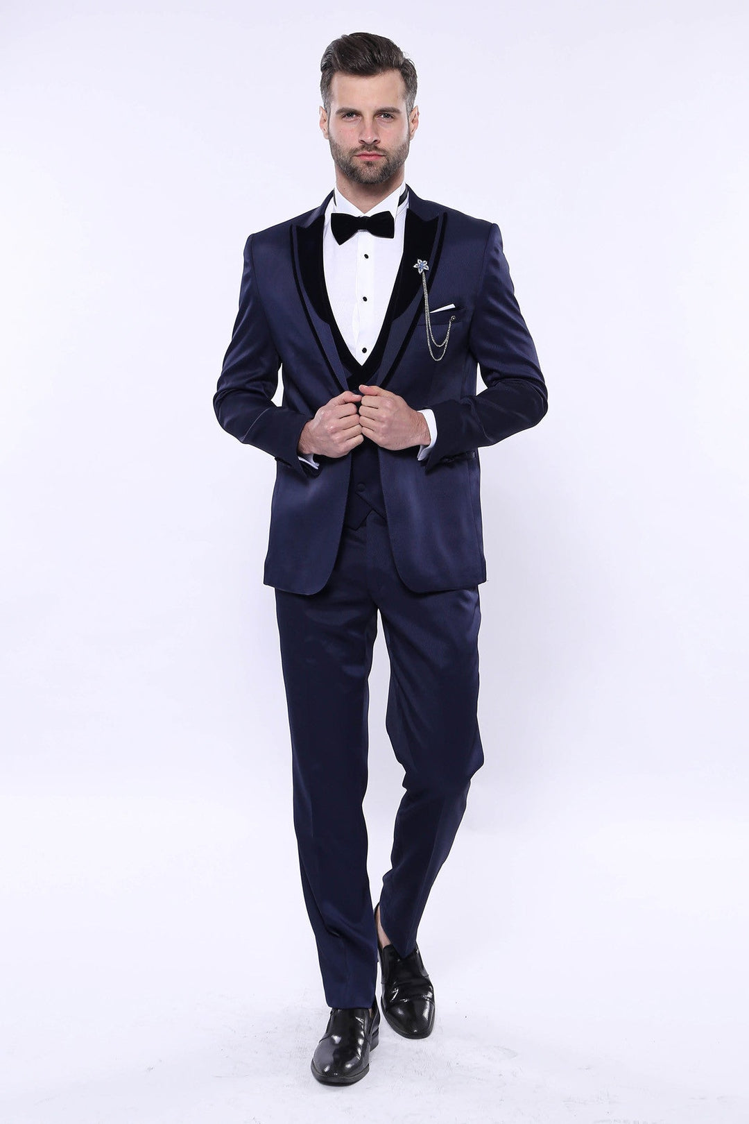 WSS Patterned Velvet Lapel Navy Tuxedo  - DeKalb