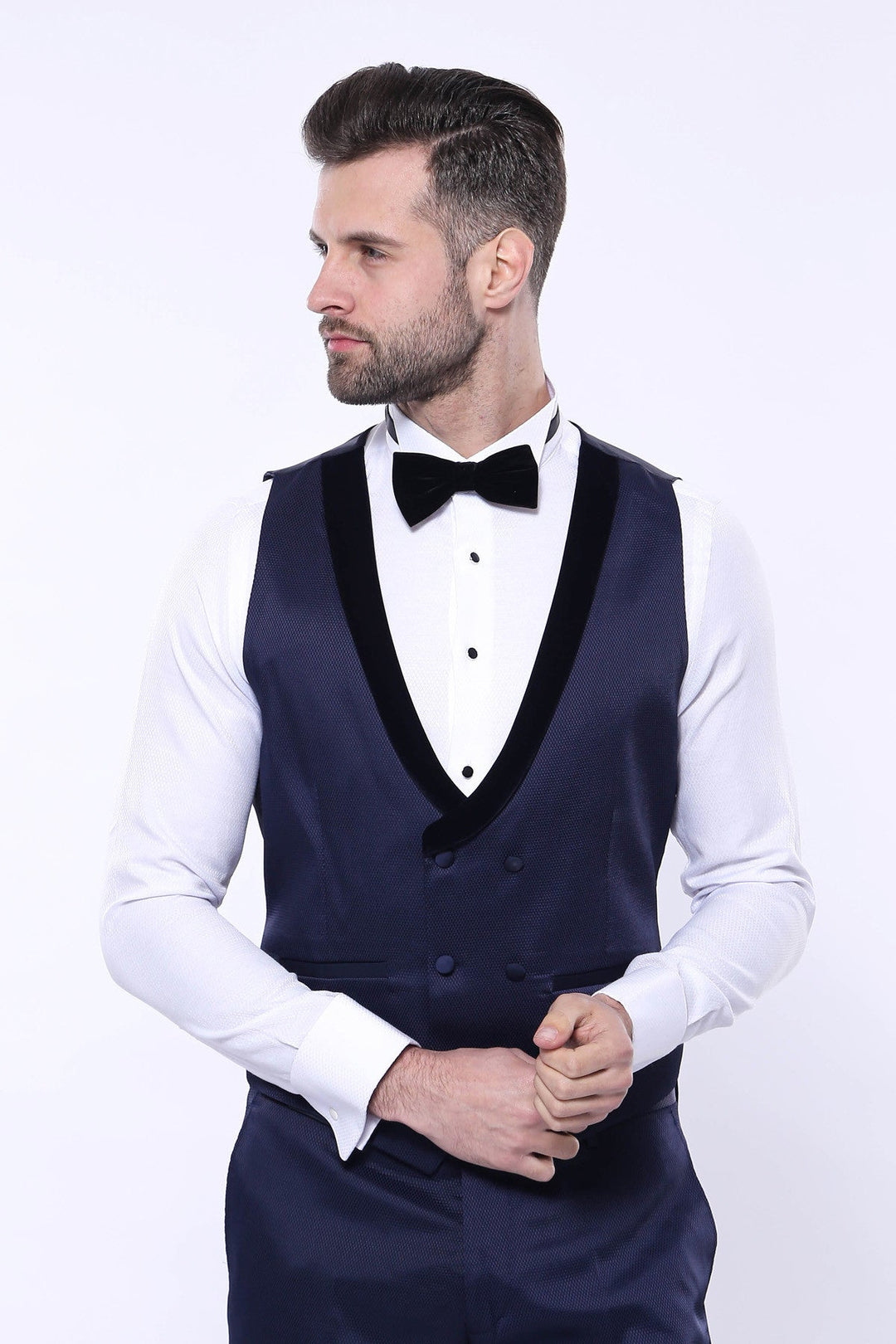 WSS Patterned Velvet Lapel Navy Tuxedo  - DeKalb