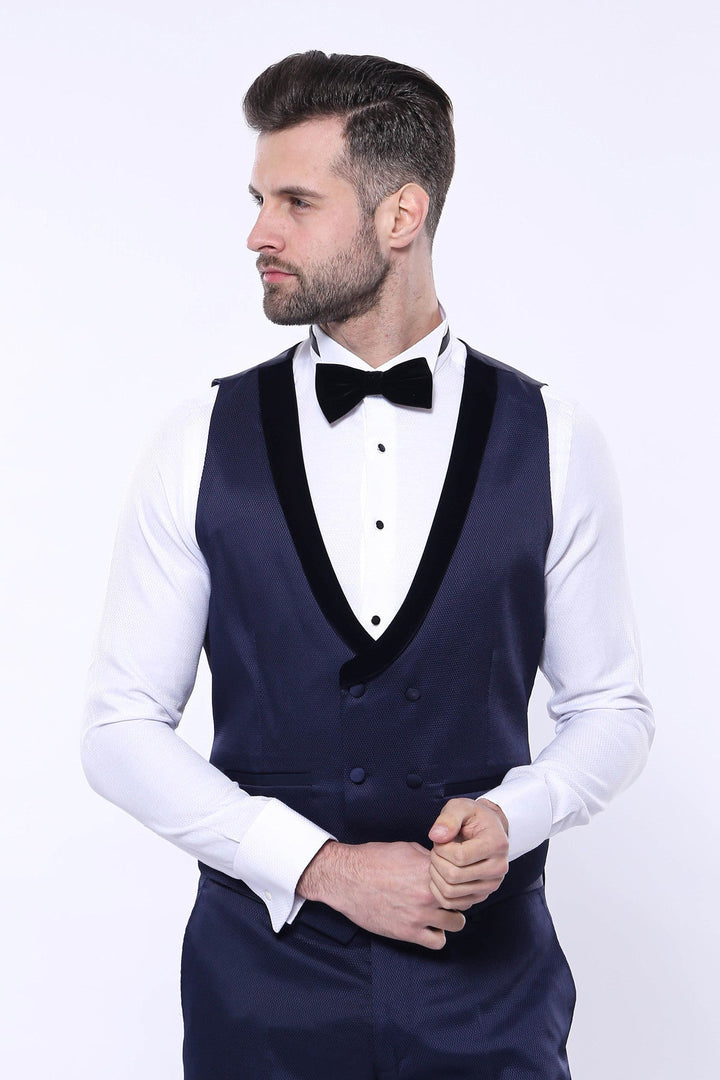 WSS Patterned Velvet Lapel Navy Tuxedo  - DeKalb