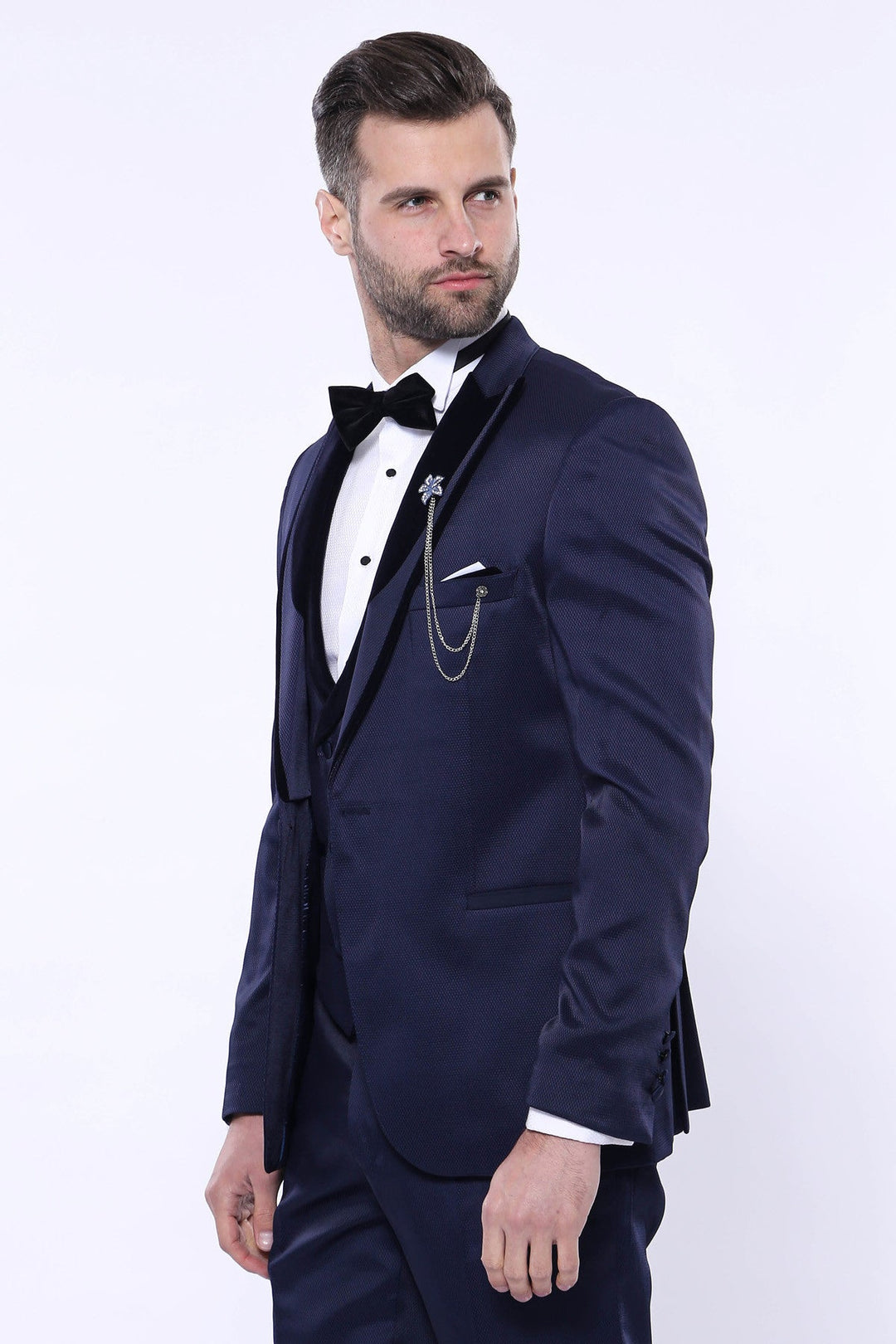 WSS Patterned Velvet Lapel Navy Tuxedo  - DeKalb