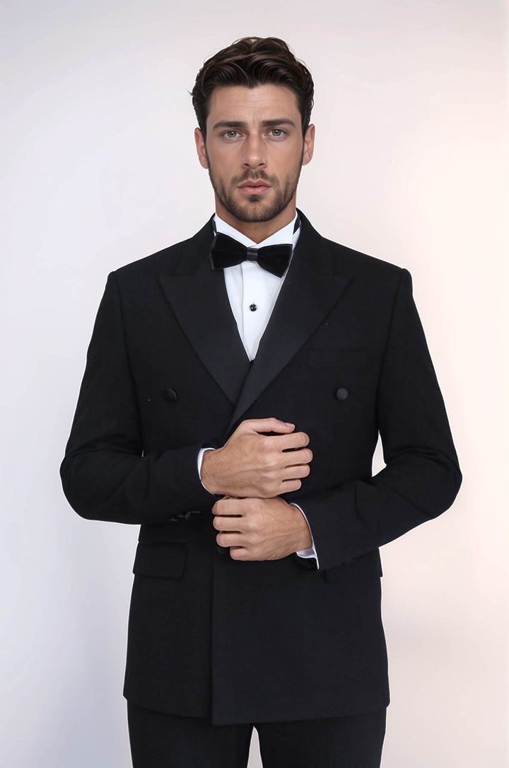 WSS Slim Fit Double-Breasted Black Tuxedo Suit with Satin Lapel –  - Macuspana