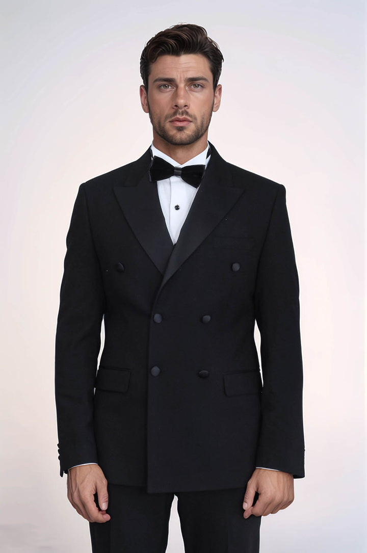 WSS Slim Fit Double-Breasted Black Tuxedo Suit with Satin Lapel –  - Macuspana
