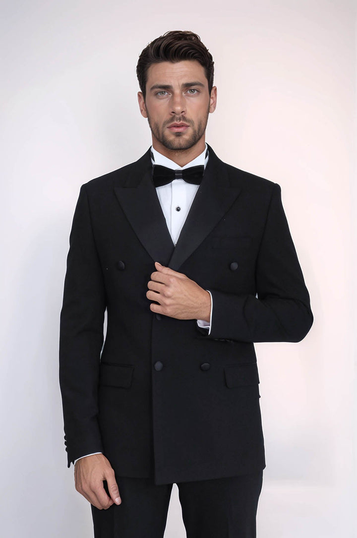 WSS Slim Fit Double-Breasted Black Tuxedo Suit with Satin Lapel –  - Macuspana