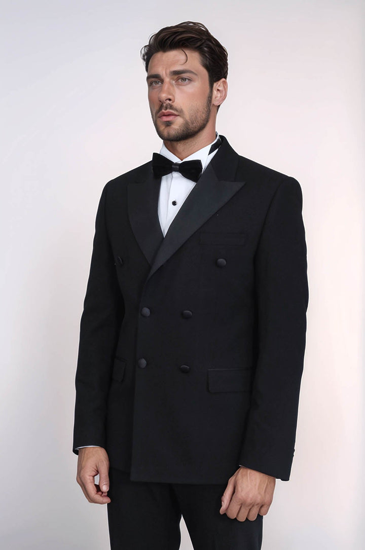 WSS Slim Fit Double-Breasted Black Tuxedo Suit with Satin Lapel –  - Macuspana