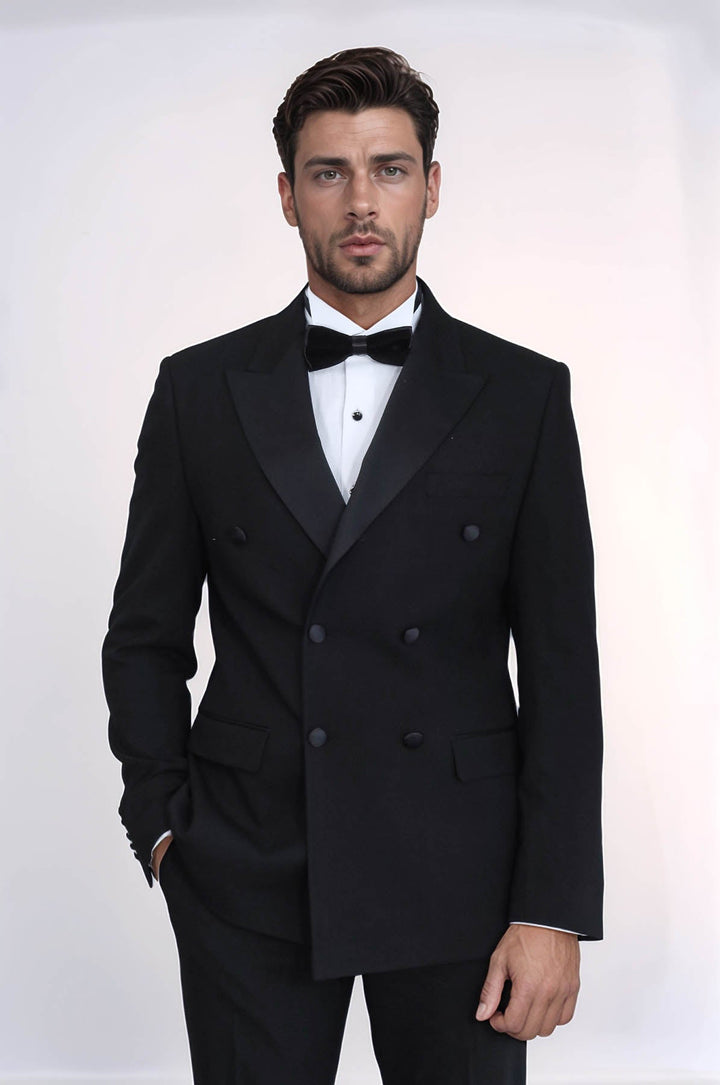 WSS Slim Fit Double-Breasted Black Tuxedo Suit with Satin Lapel –  - Macuspana