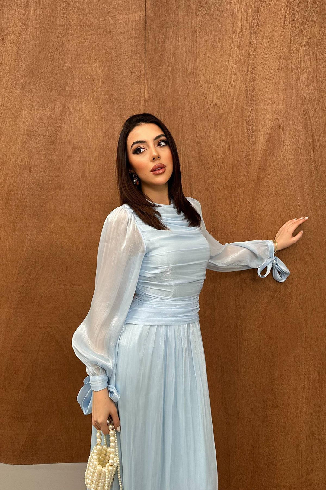 ELS Toptan Bebe Mavi Büzgü Detaylı Manşeti Kuşaklı Elbise - Madison