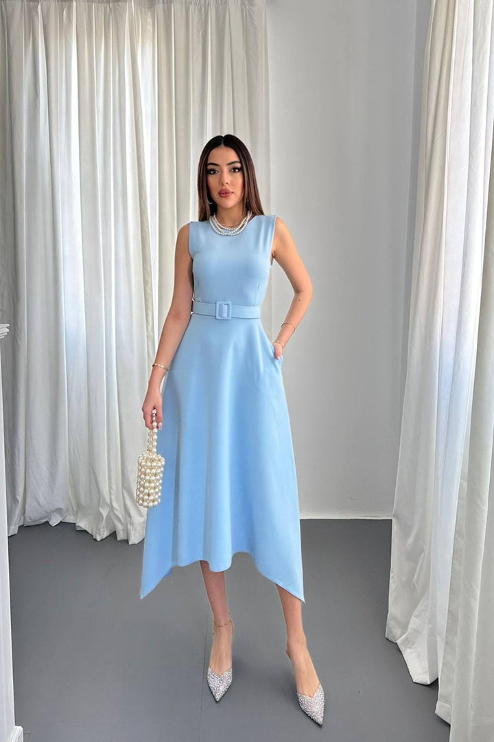 ELS Wholesale Baby Blue Skirt Hem Asymmetric Satin Dress - North Port