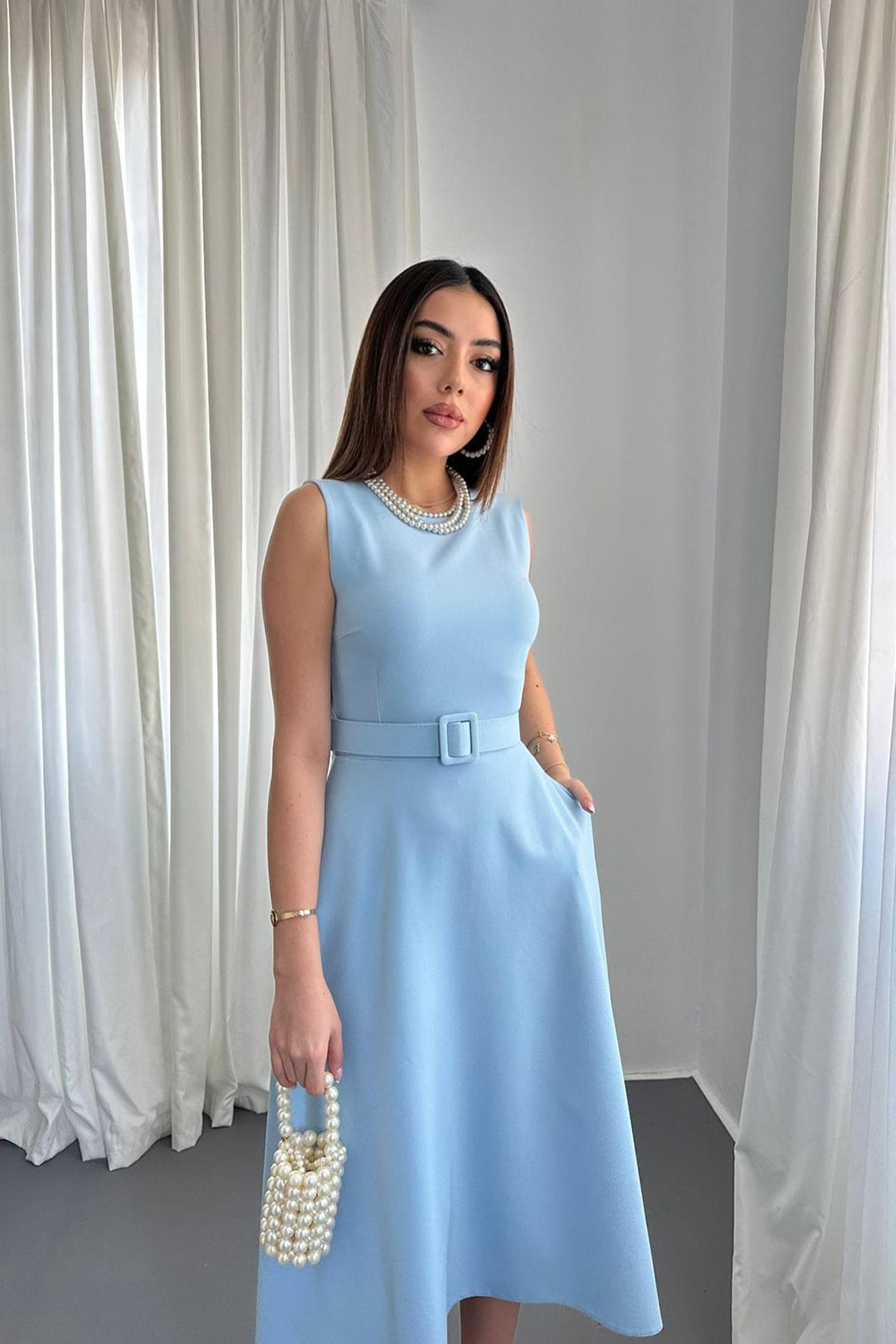 ELS Wholesale Baby Blue Skirt Hem Asymmetric Satin Dress - North Port
