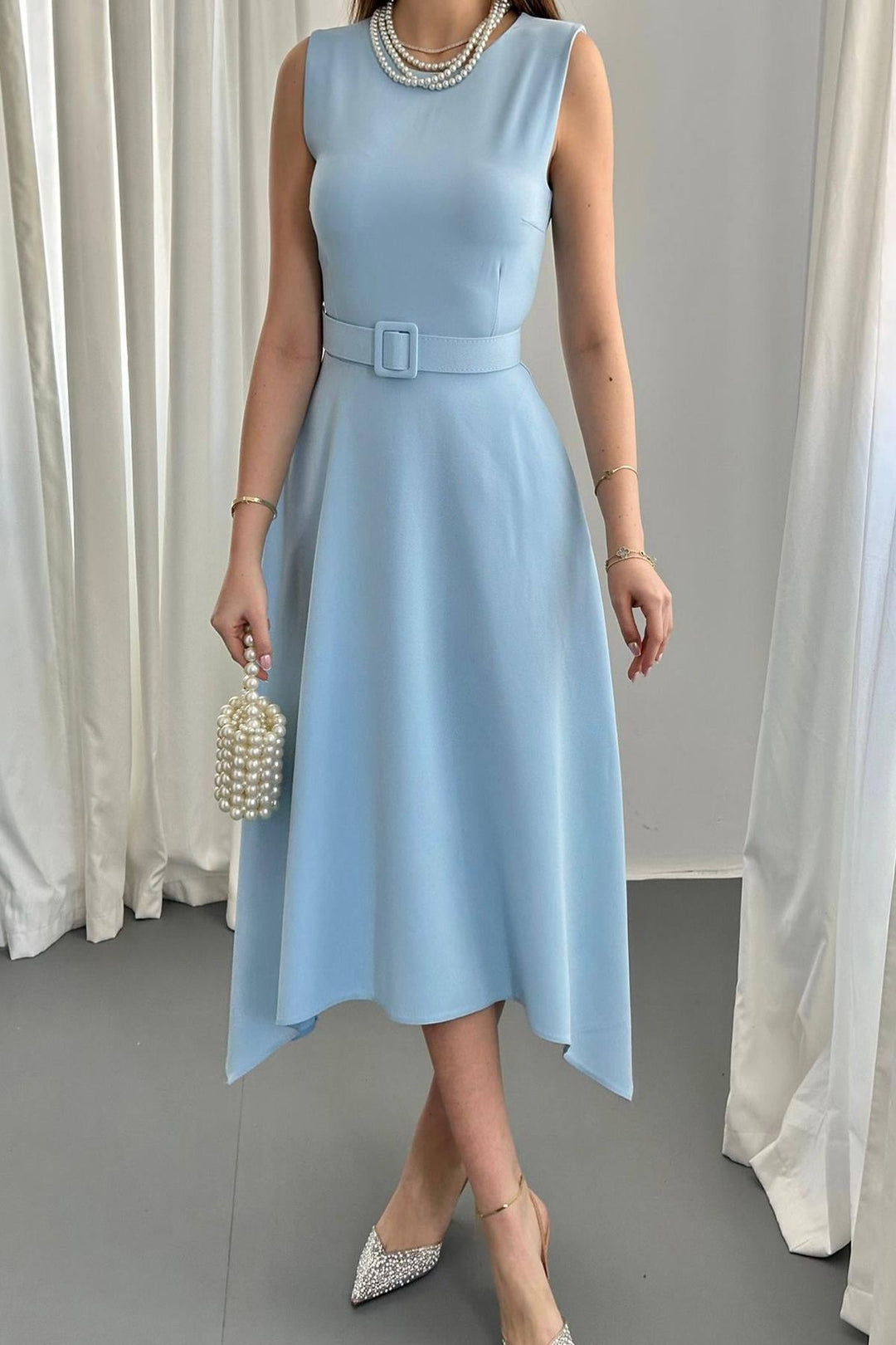 ELS Wholesale Baby Blue Skirt Hem Asymmetric Satin Dress - North Port