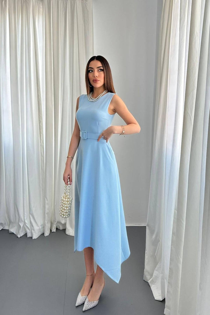 ELS Wholesale Baby Blue Skirt Hem Asymmetric Satin Dress - North Port