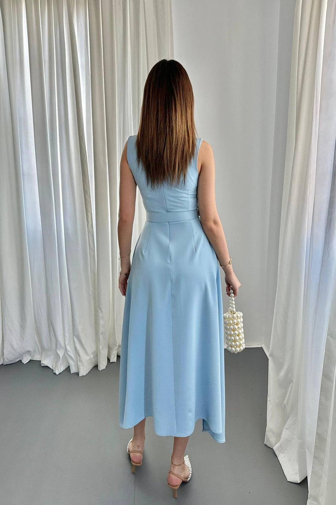 ELS Wholesale Baby Blue Skirt Hem Asymmetric Satin Dress - North Port