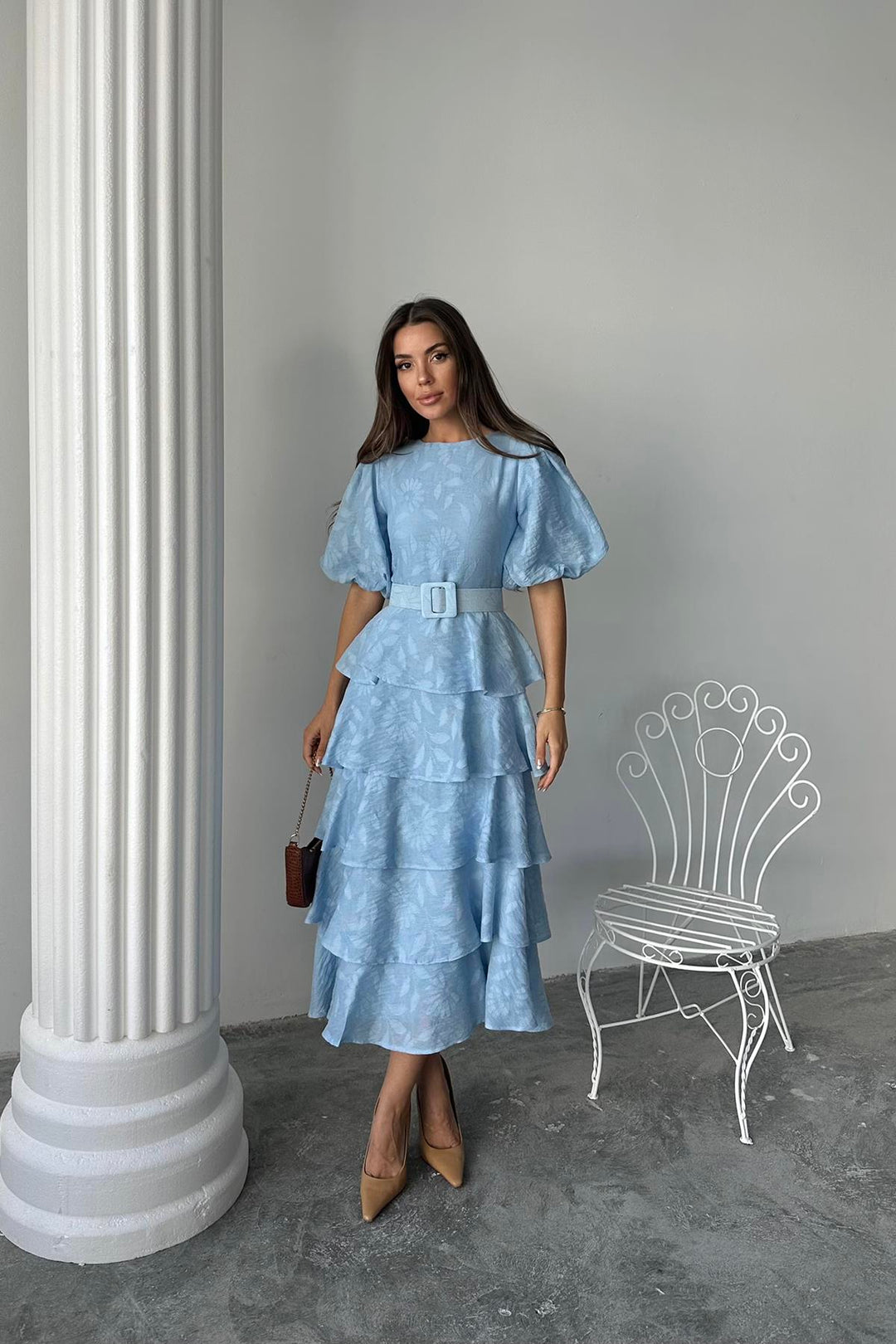 ELS Wholesale Baby Blue Layered Balloon Sleeve Belted Dress - Datteln