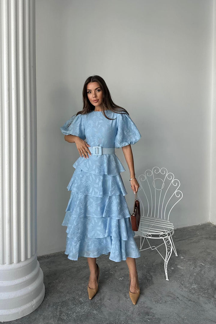 ELS Wholesale Baby Blue Layered Balloon Sleeve Belted Dress - Datteln