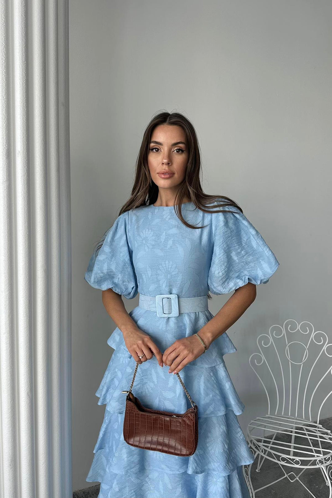 ELS Toptan Bebe Mavi Kat Kat Balon Kollu Kemerli Elbise - Suhl