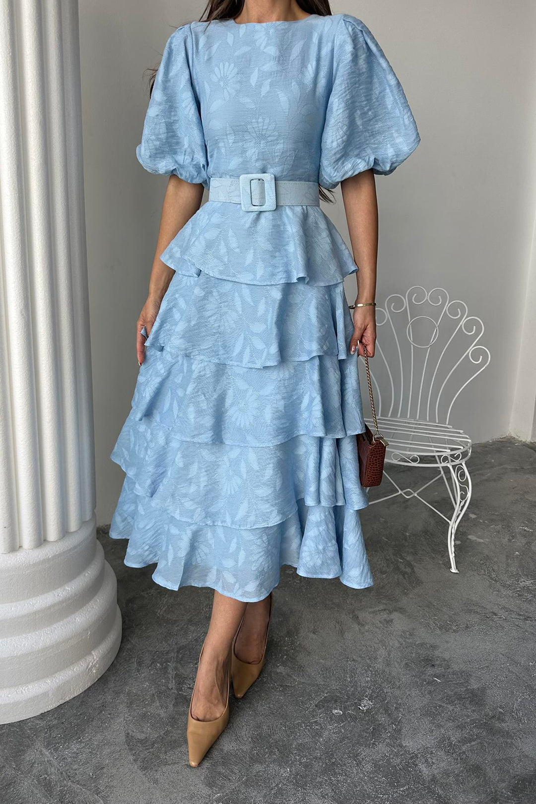 ELS Wholesale Baby Blue Layered Balloon Sleeve Belted Dress - Datteln