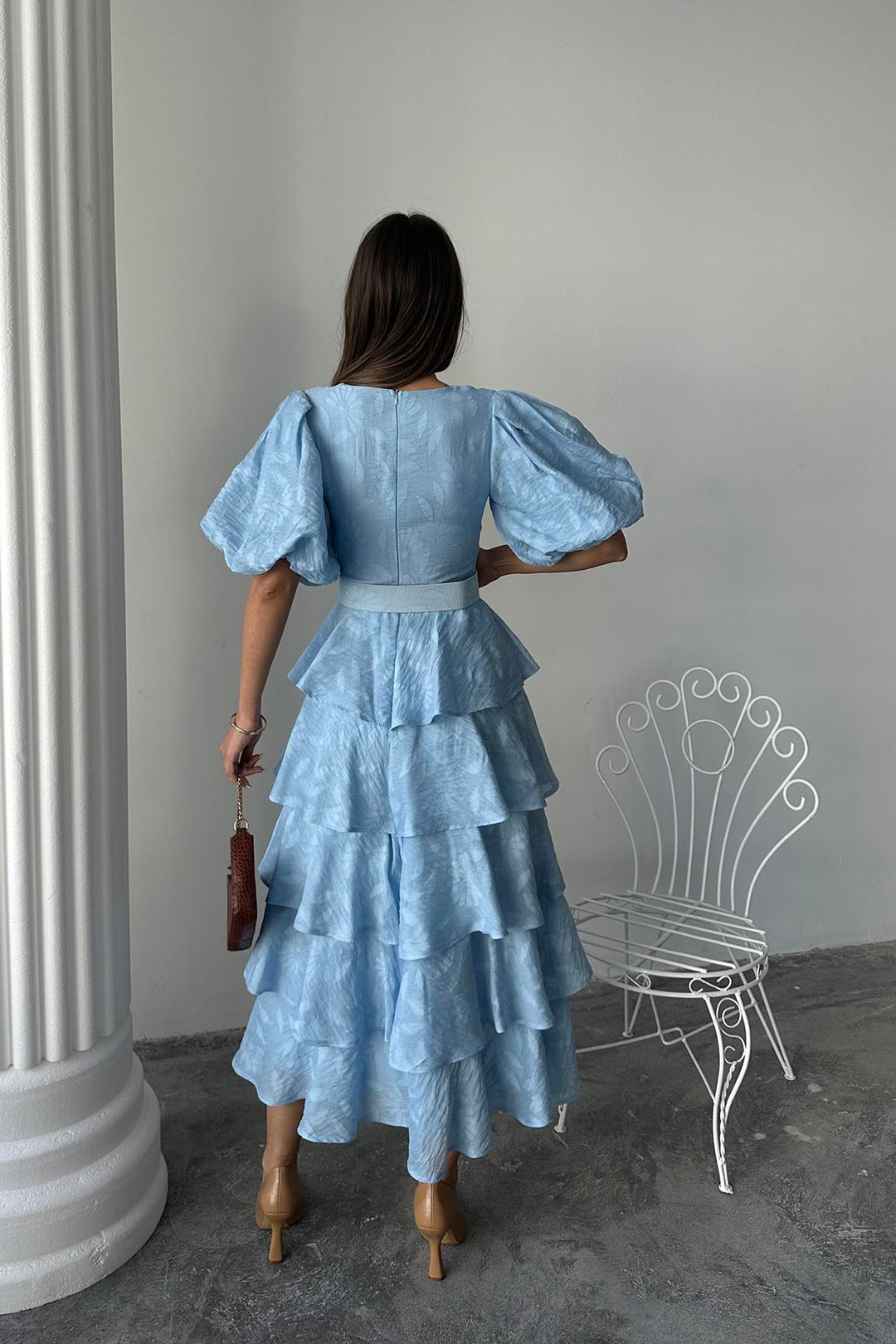 ELS Toptan Bebe Mavi Kat Kat Balon Kollu Kemerli Elbise - Suhl