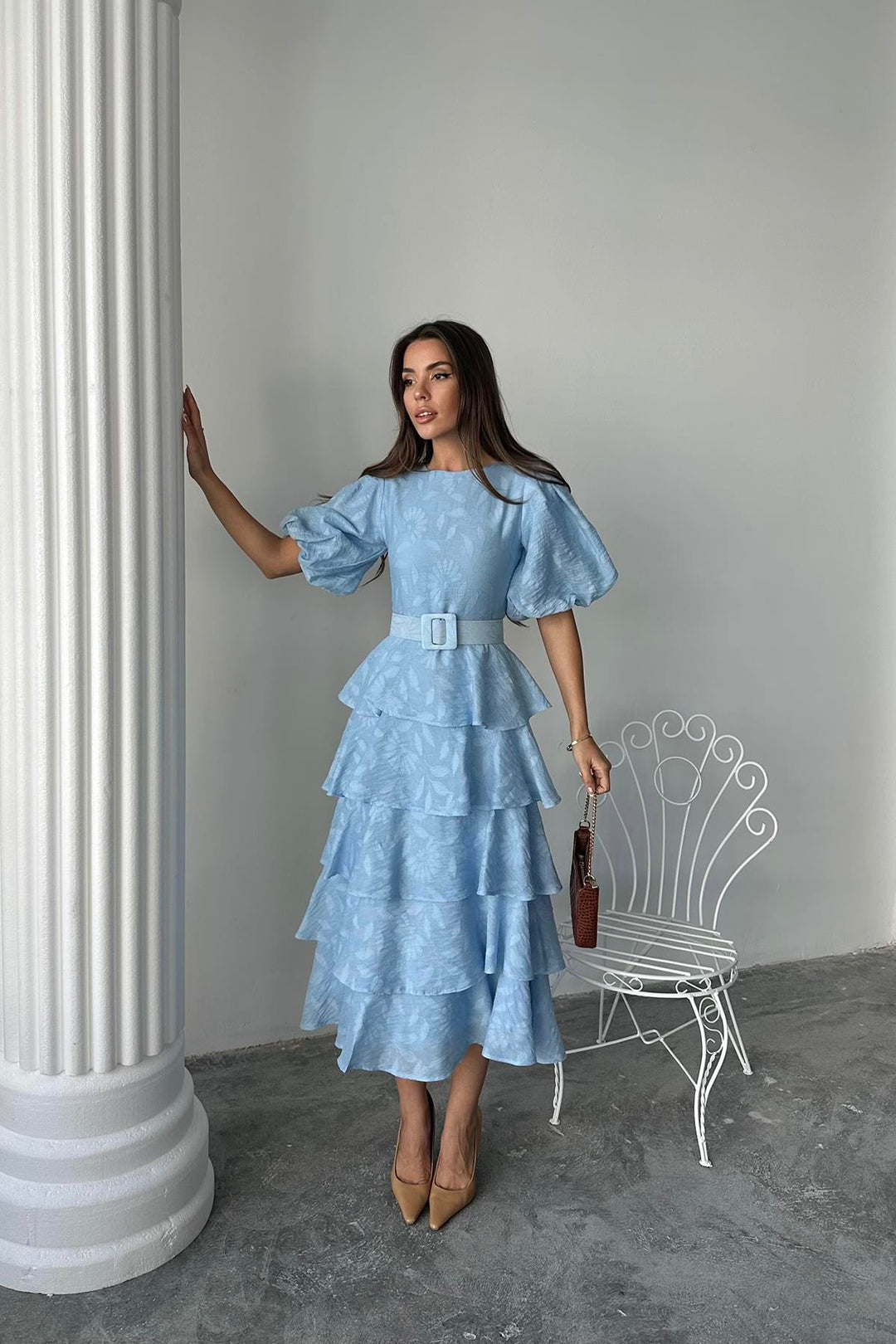 ELS Toptan Bebe Mavi Kat Kat Balon Kollu Kemerli Elbise - Suhl