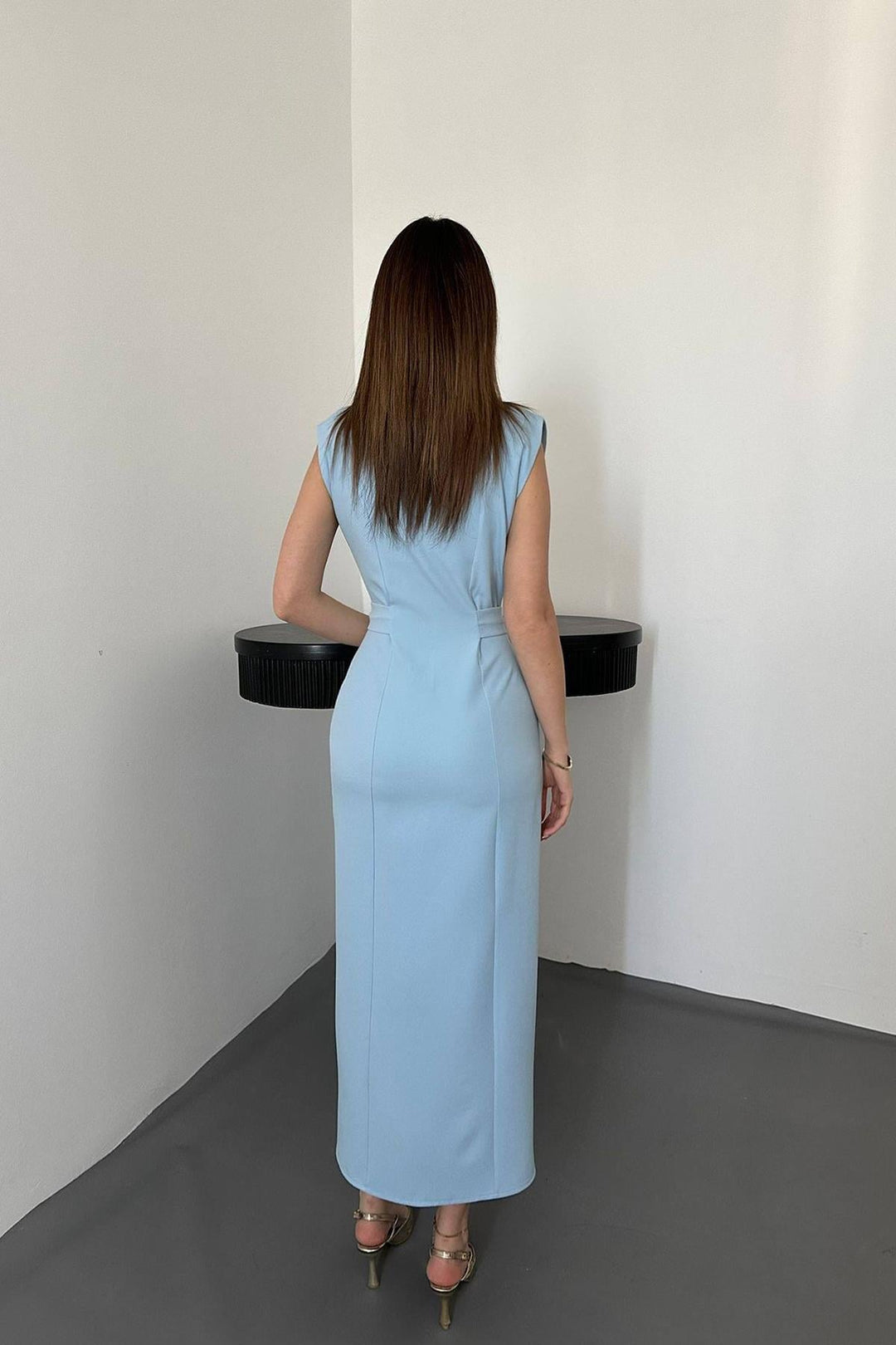 ELS Wholesale Baby Blue Belted Satin Dress with Accessories - Alexandria
