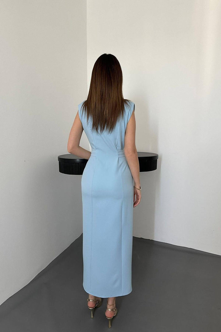 ELS Wholesale Baby Blue Belted Satin Dress with Accessories - Alexandria