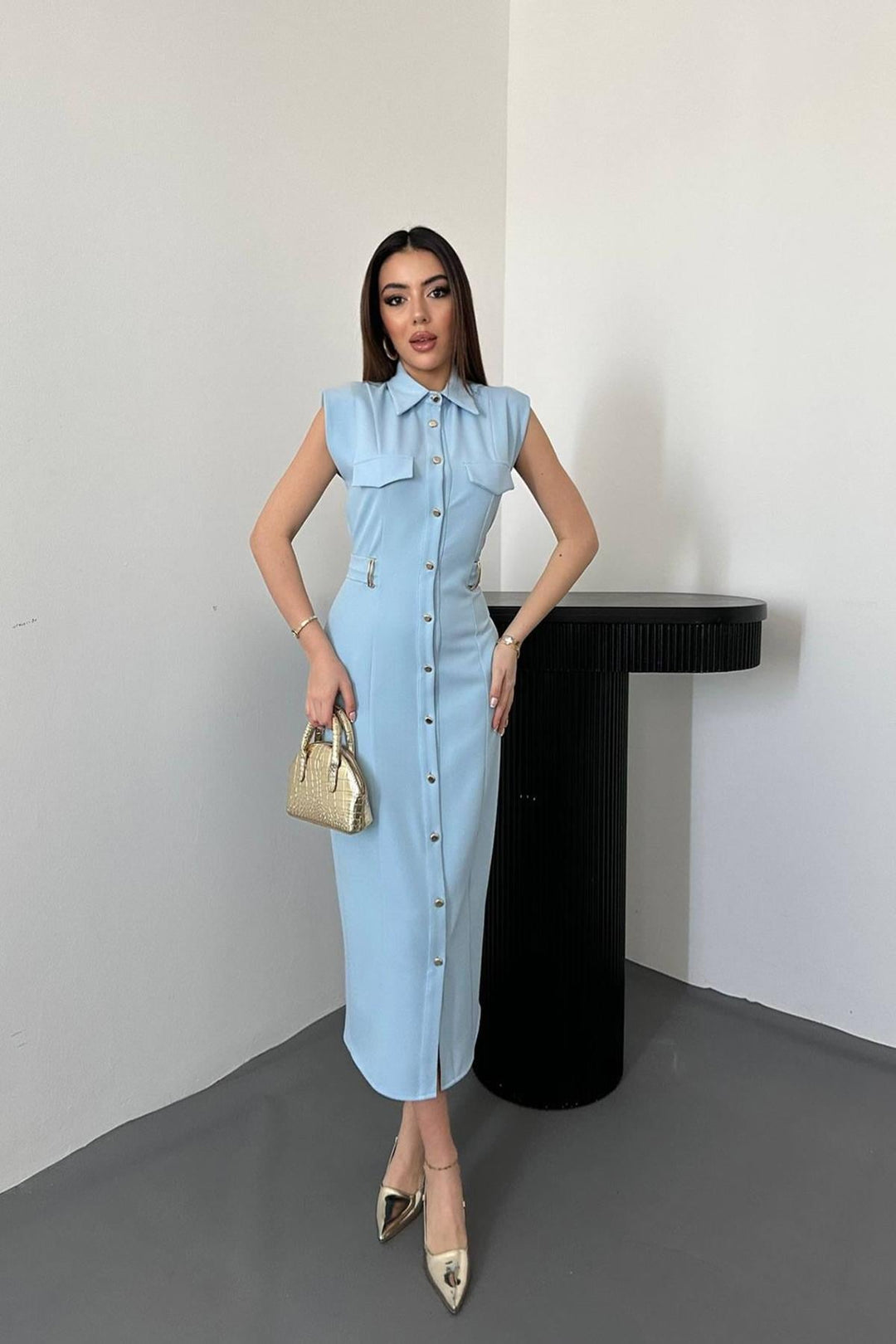 ELS Wholesale Baby Blue Belted Satin Dress with Accessories - Alexandria
