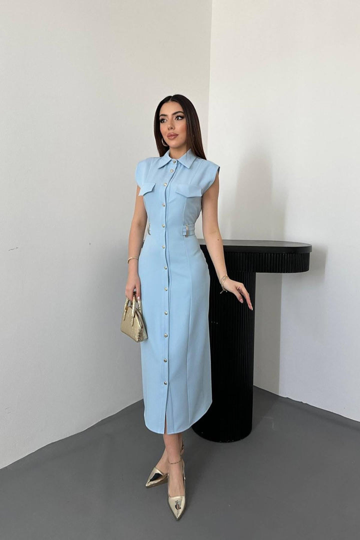 ELS Wholesale Baby Blue Belted Satin Dress with Accessories - Alexandria