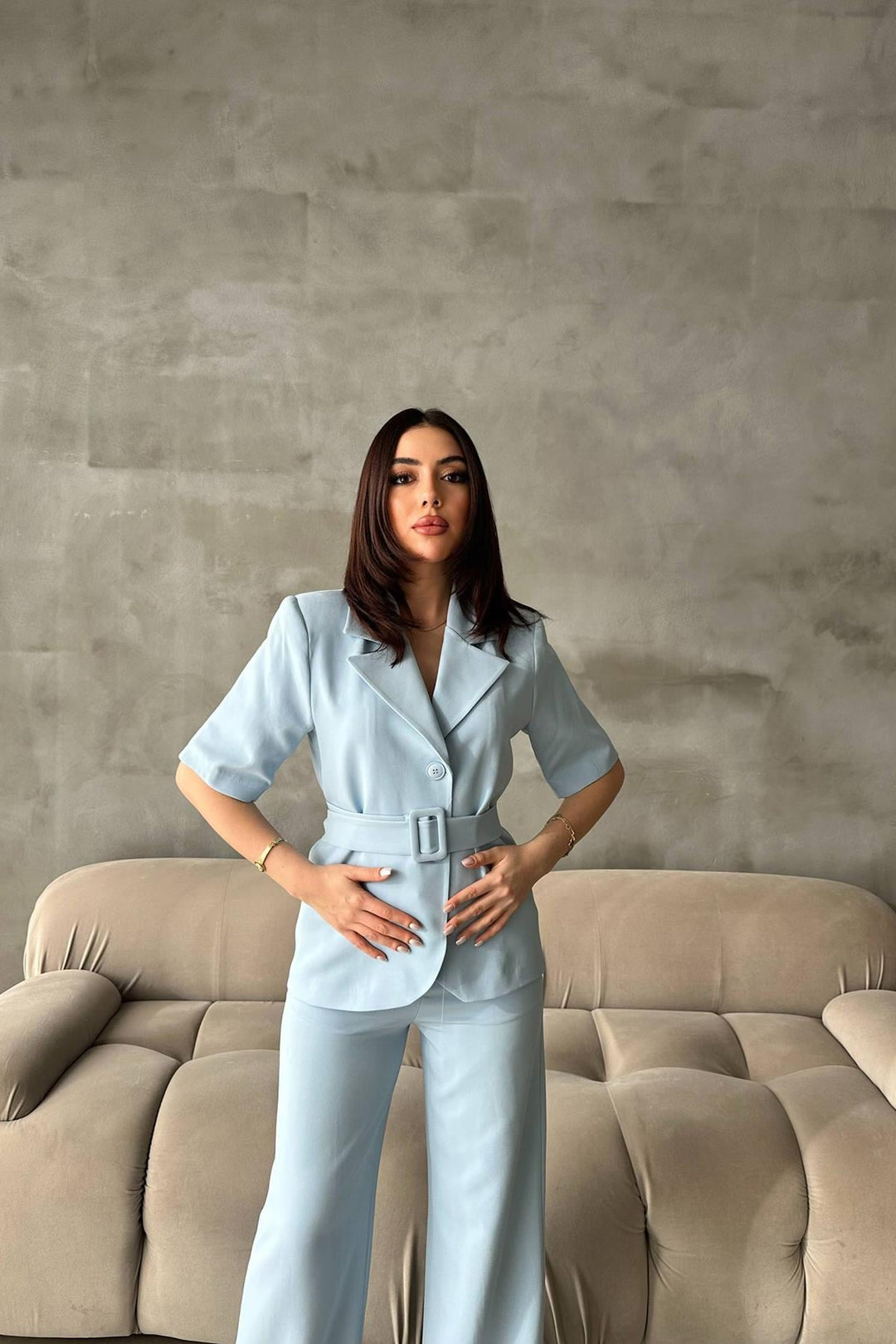 ELS Wholesale Baby Blue Short Sleeve Jacket Pants Suit - Commack