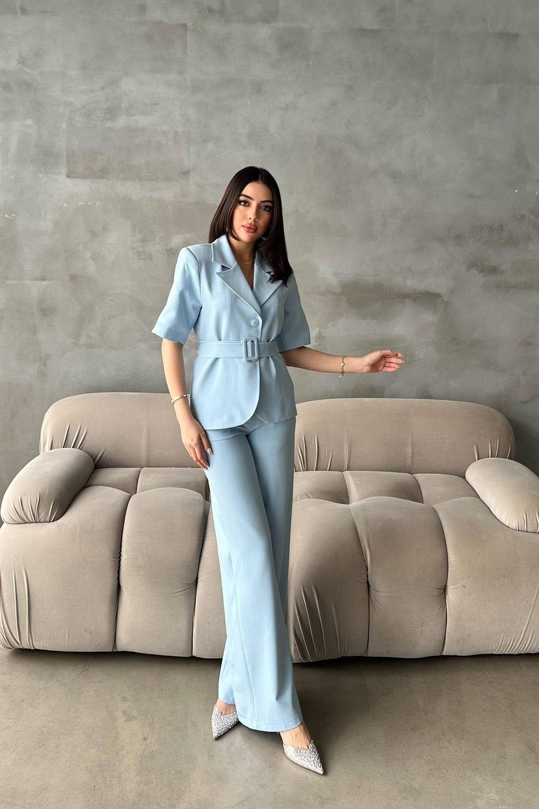 ELS Wholesale Baby Blue Short Sleeve Jacket Pants Suit - Commack