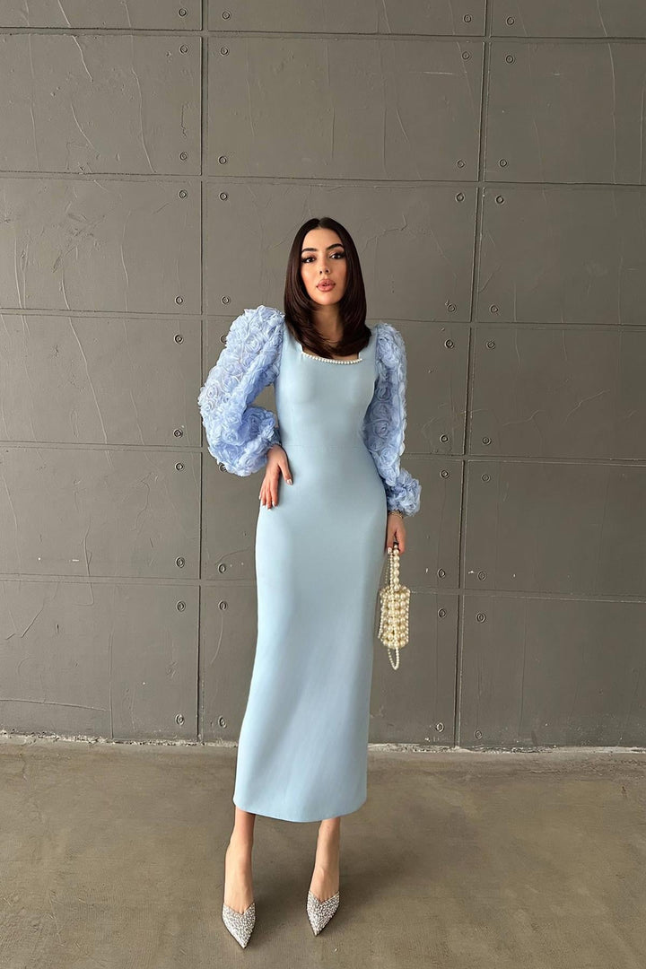 ELS Wholesale Baby Blue Collar Flowered Satin Dress - Kiel