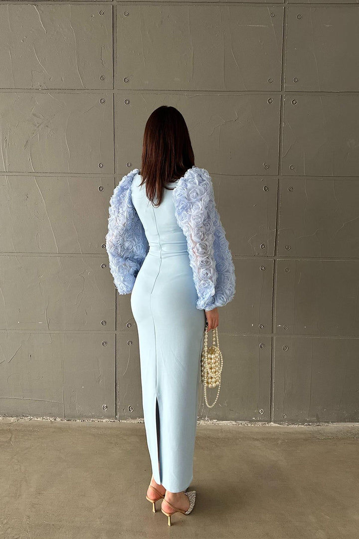 ELS Wholesale Baby Blue Collar Flowered Satin Dress - Kiel