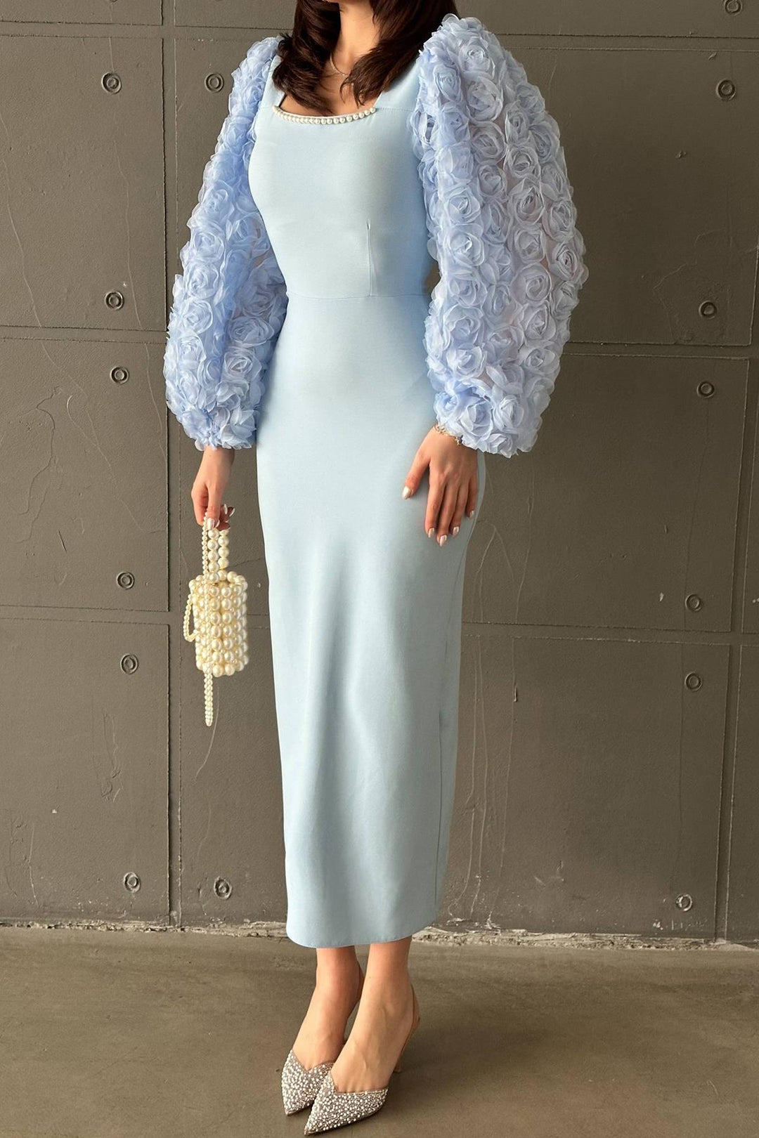 ELS Wholesale Baby Blue Collar Flowered Satin Dress - Kiel