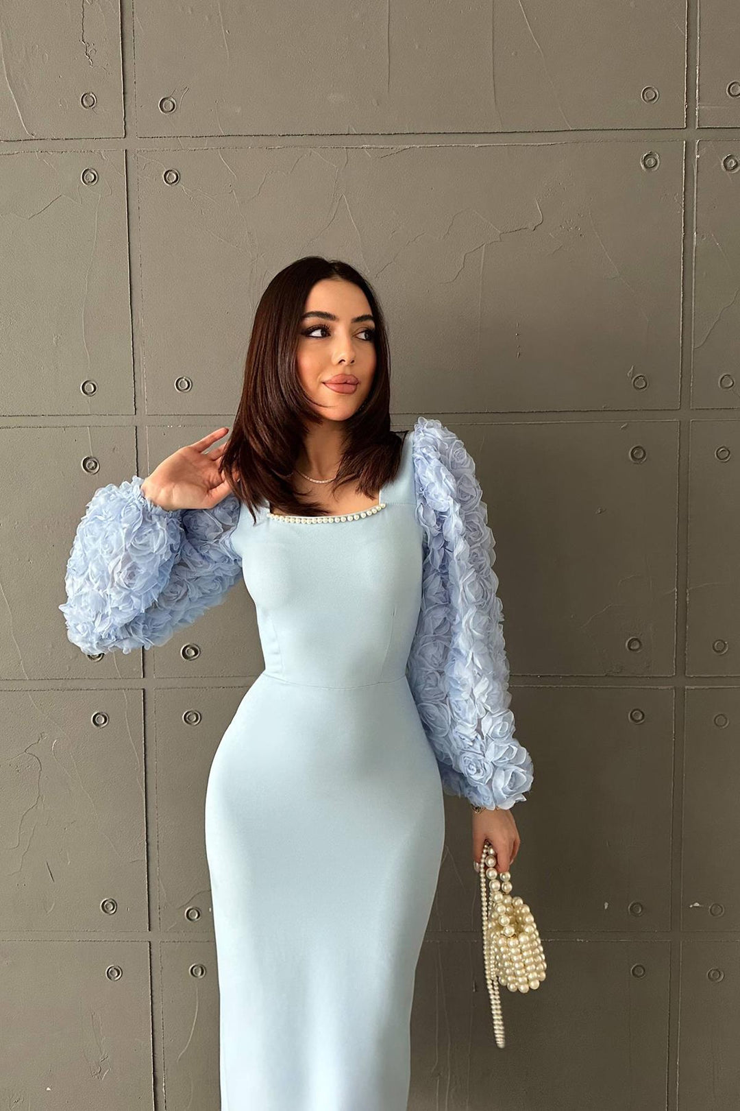 ELS Wholesale Baby Blue Collar Flowered Satin Dress - Kiel