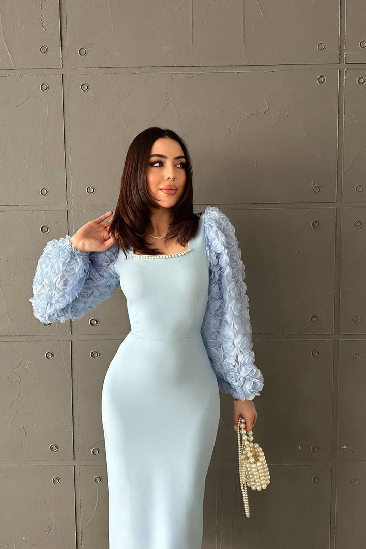 ELS Wholesale Baby Blue Collar Flowered Satin Dress - Kiel