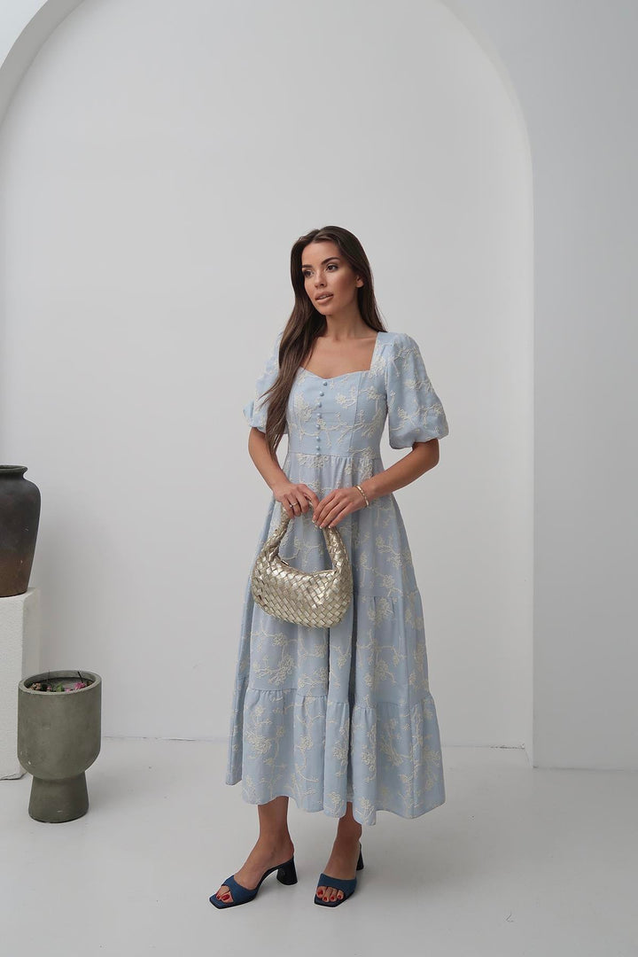 ELS Wholesale Baby Blue Decorated Buttoned Balloon Sleeve Dress - Trani