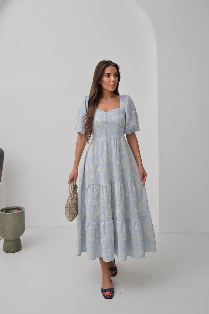 ELS Wholesale Baby Blue Decorated Buttoned Balloon Sleeve Dress - Trani