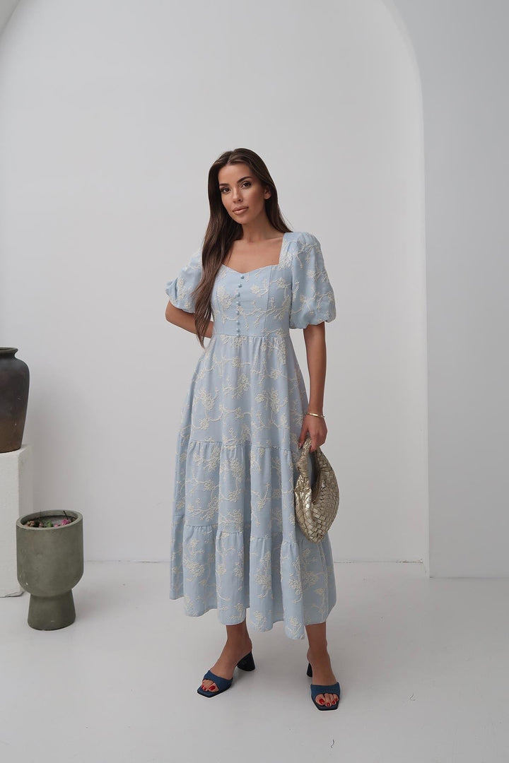ELS Wholesale Baby Blue Decorated Buttoned Balloon Sleeve Dress - Trani